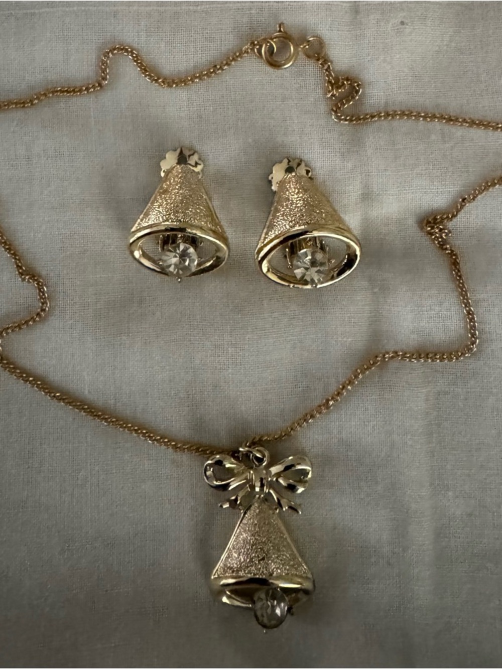 Vintage Christmas Bell Clip-on Earrings and Matching Necklace with Rhinestones.